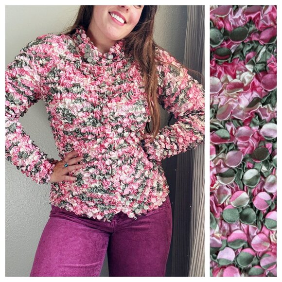 Vintage Y2K 00s Pink Floral Button Down Scrunchy Stretchy Popcorn Top Size Small - Picture 1 of 9